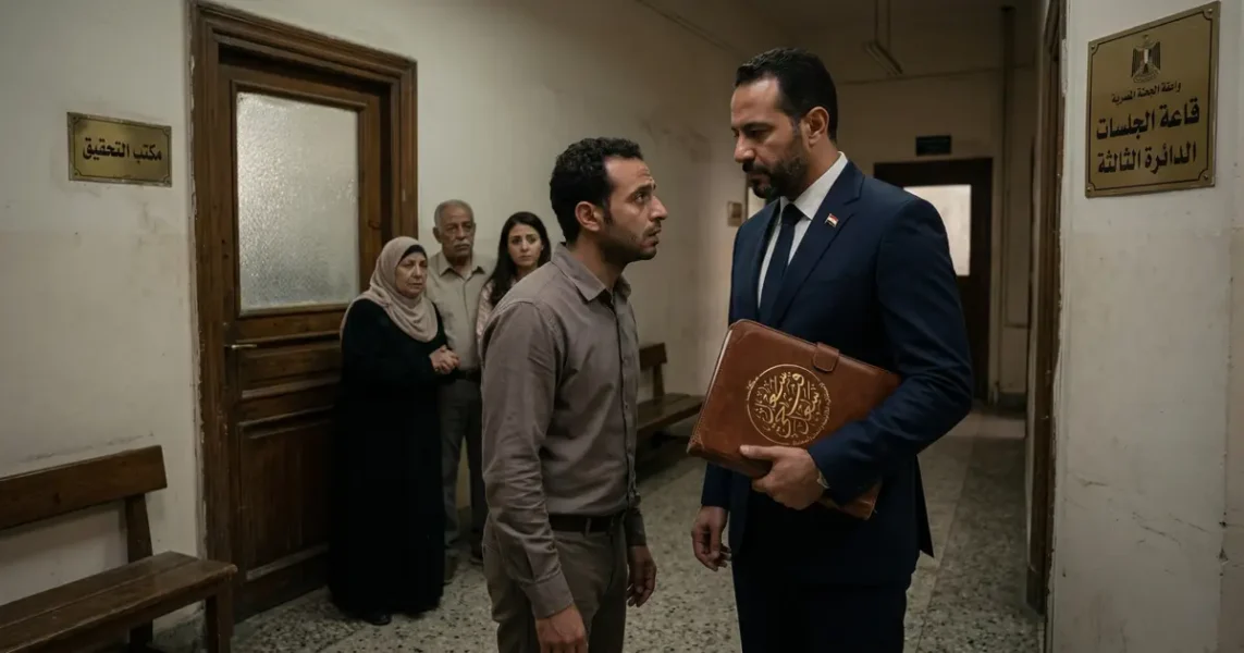 محامٍ مصري يقف مع أسرة داخل ممر محكمة في مشهد يعبر عن الخروج من الحبس بكفالة في قضية جنائية.