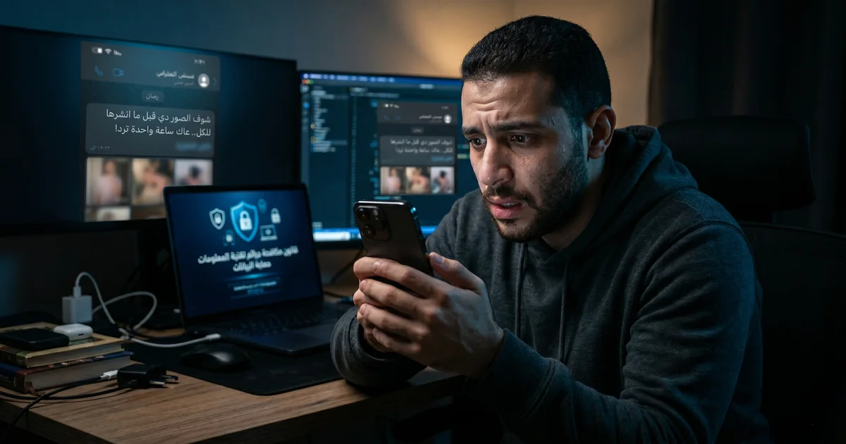 ابتزاز إلكتروني بالصور في مصر يظهر شخصًا يتلقى رسالة تهديد على الهاتف في مشهد يعبر عن الخطر الرقمي.