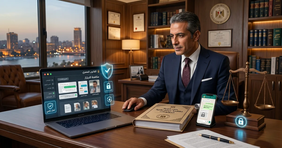محامي جرائم الإنترنت في مصر يراجع أدلة رقمية في قضية ابتزاز إلكتروني بالصور داخل مكتب محاماة.