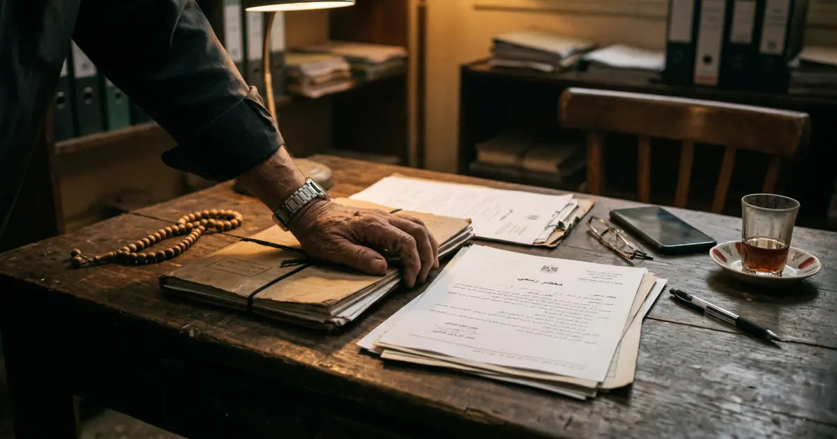 أوراق ومحضر رسمي على مكتب قانوني يعبّران عن مراجعة الإجراءات القانونية في قضية مخدرات