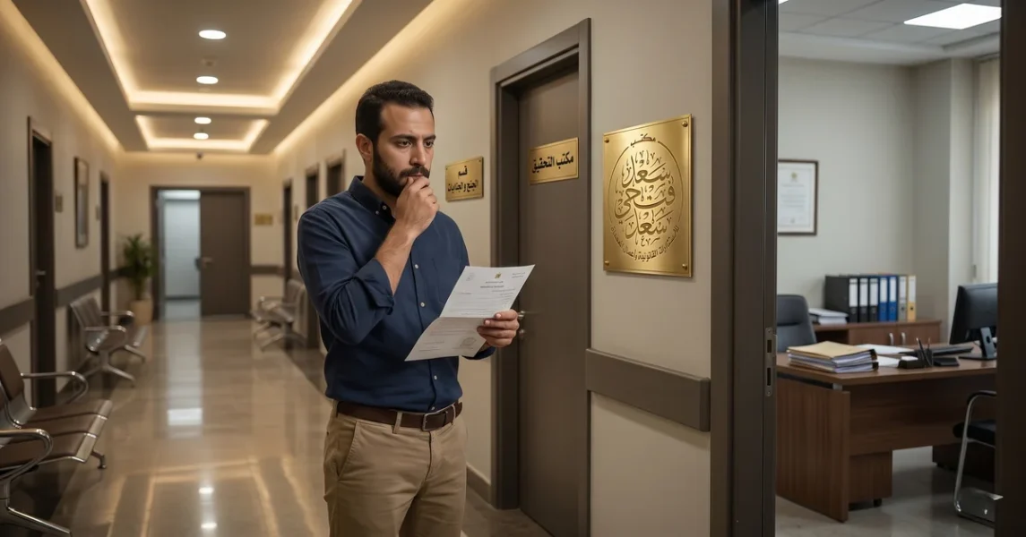 رجل مصري يحمل ورقة استدعاء النيابة لأول مرة داخل مقر قانوني رسمي في مشهد يعبر عن القلق وبدء الإجراءات الجنائية.