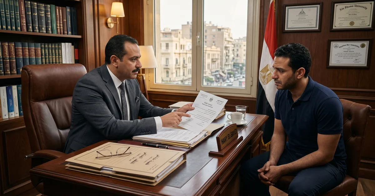 محامٍ مصري يشرح لموكله ما يجب فعله عند استدعاء النيابة لأول مرة داخل مكتب قانوني في القاهرة.