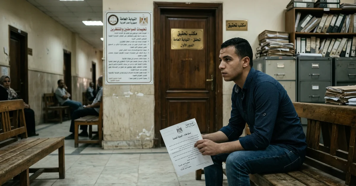 شاب مصري ينتظر أمام مكتب تحقيق وهو يحمل ورقة استدعاء النيابة لأول مرة قبل بدء سماع أقواله.