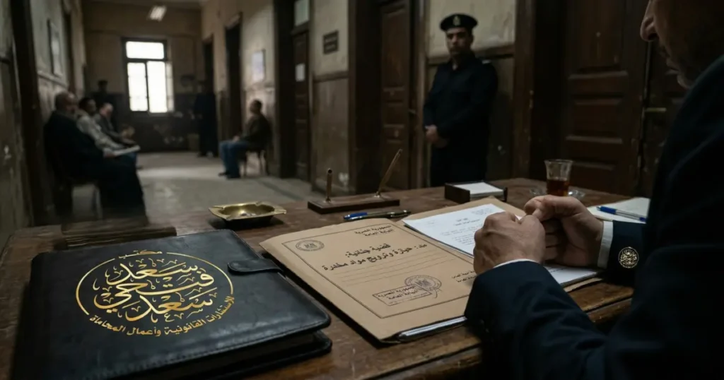 مشهد قانوني داخل ممر جهة تحقيق في مصر يعبر عن انتظار قرار متعلق بطلب الافراج بكفالة مخدرات.