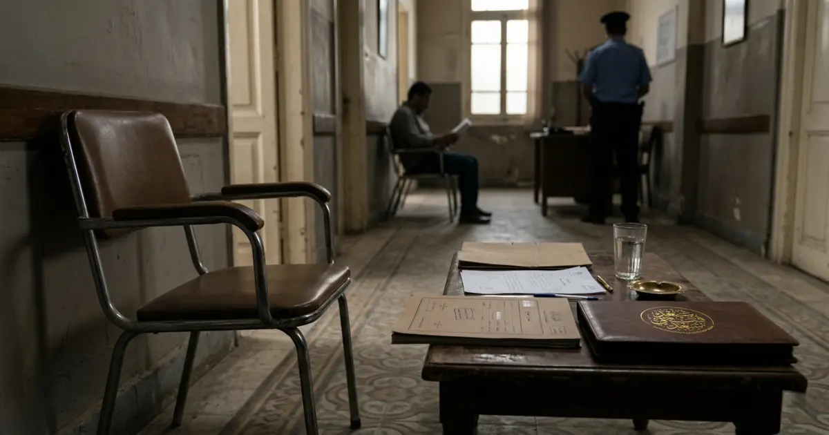 مشهد قانوني داخل ممر جهة تحقيق في مصر يعبر عن انتظار قرار متعلق بطلب الافراج بكفالة مخدرات.