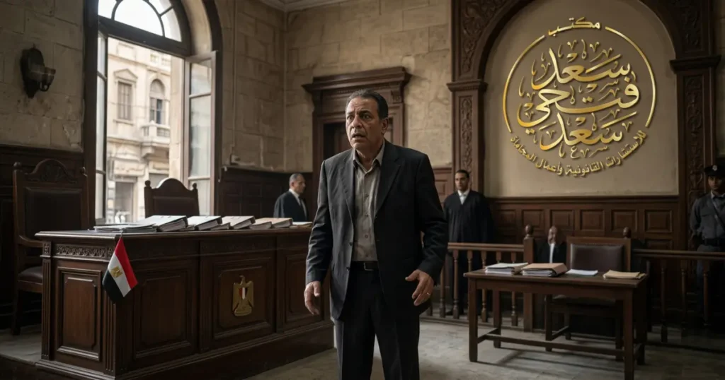 رجل يقف داخل قاعة محكمة مصرية بعد صدور الحكم الغيابي في القانون المصري وسط أجواء قانونية تعكس القلق والترقب.