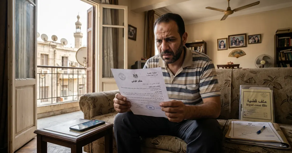 شخص مصري يقرأ ورقة حكم قضائي ويبحث عن حل بعد صدور الحكم الغيابي في القانون المصري.