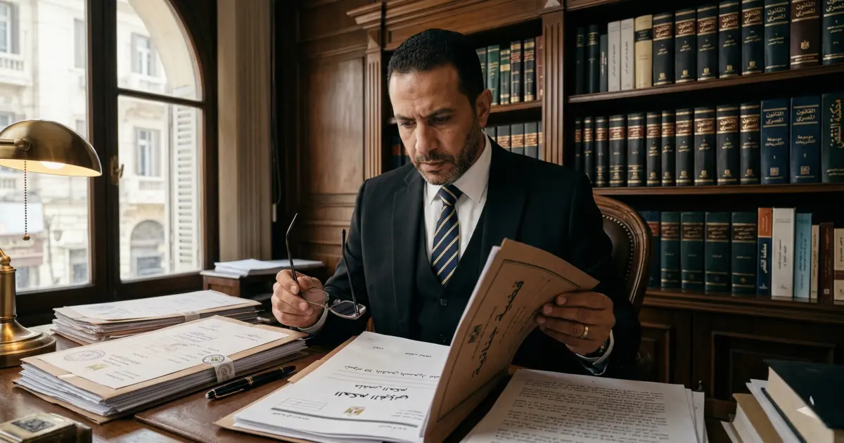 محامٍ مصري يراجع ملف قضية جنائية يتعلق بموضوع الحكم الغيابي في القانون المصري داخل مكتب قانوني.