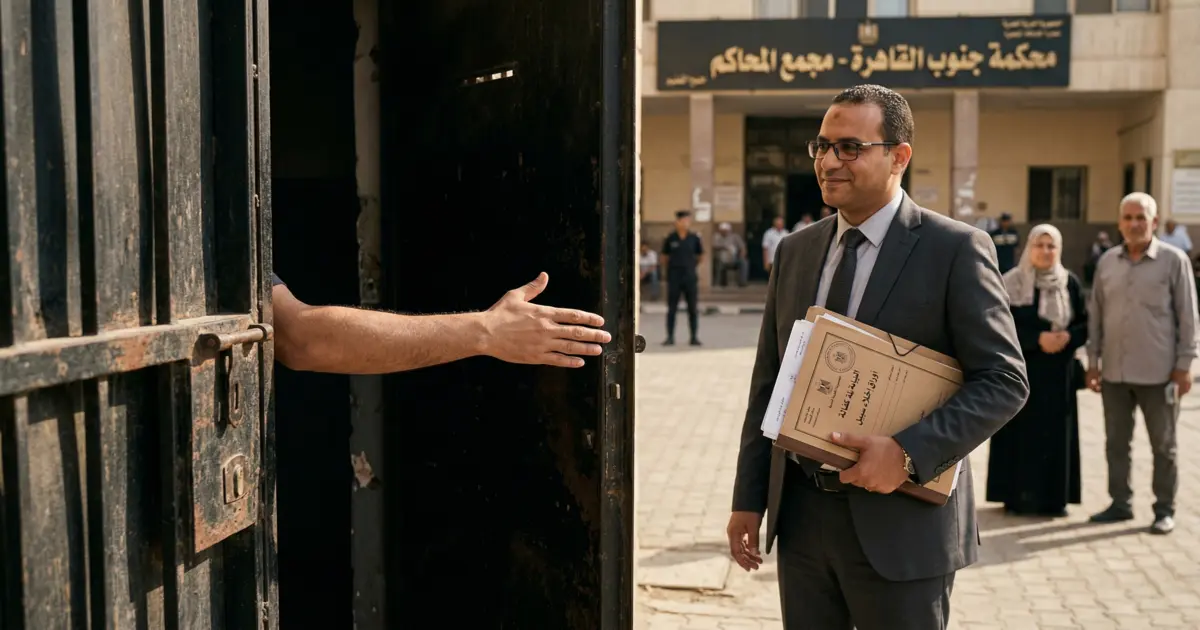 مشهد رمزي لخروج متهم من مكان احتجاز بعد صدور قرار قانوني مع ظهور محامٍ يحمل مستندات في الخلفية.