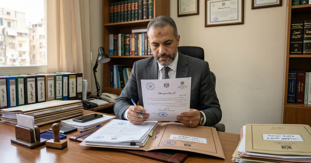 محامٍ مصري يراجع أوراق قضية وقرار إخلاء سبيل بكفالة داخل مكتب قانوني في مصر.