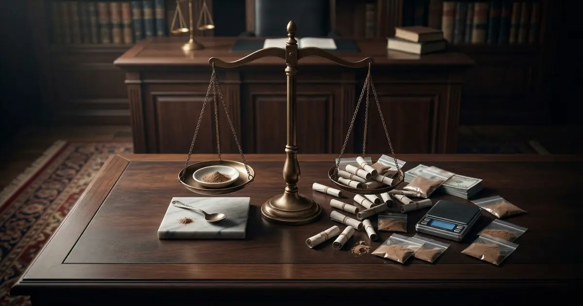 صورة توضيحية تشرح الفرق بين التعاطي والاتجار في قضايا المخدرات من حيث الوصف القانوني والقرائن.