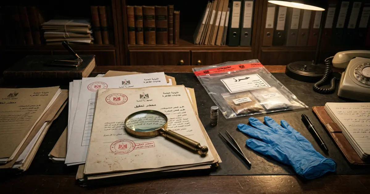 صورة رمزية توضح إجراءات التحقيق والضبط في قضايا المخدرات وفق القانون المصري.