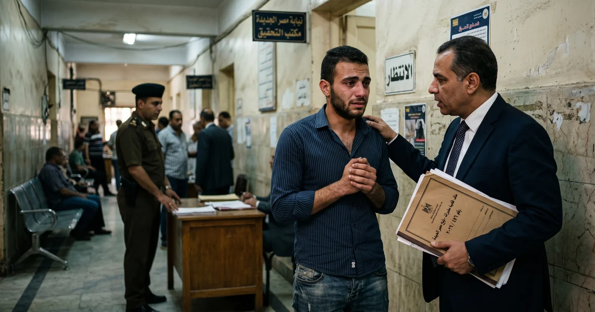 القبض في قضية مخدرات لأول مرة داخل ممر قسم شرطة في مصر مع ظهور محامٍ مصري يرافق شابًا في موقف قانوني حساس ويوضح أهمية الدفاع المبكر في قضايا المخدرات.