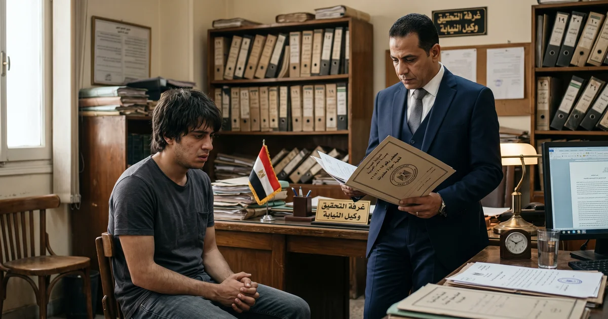 شاب مصري يجلس داخل مكتب تحقيق بعد القبض في قضية مخدرات لأول مرة بينما يقف بجواره محامٍ مصري يراجع أوراق القضية في مشهد قانوني واقعي.