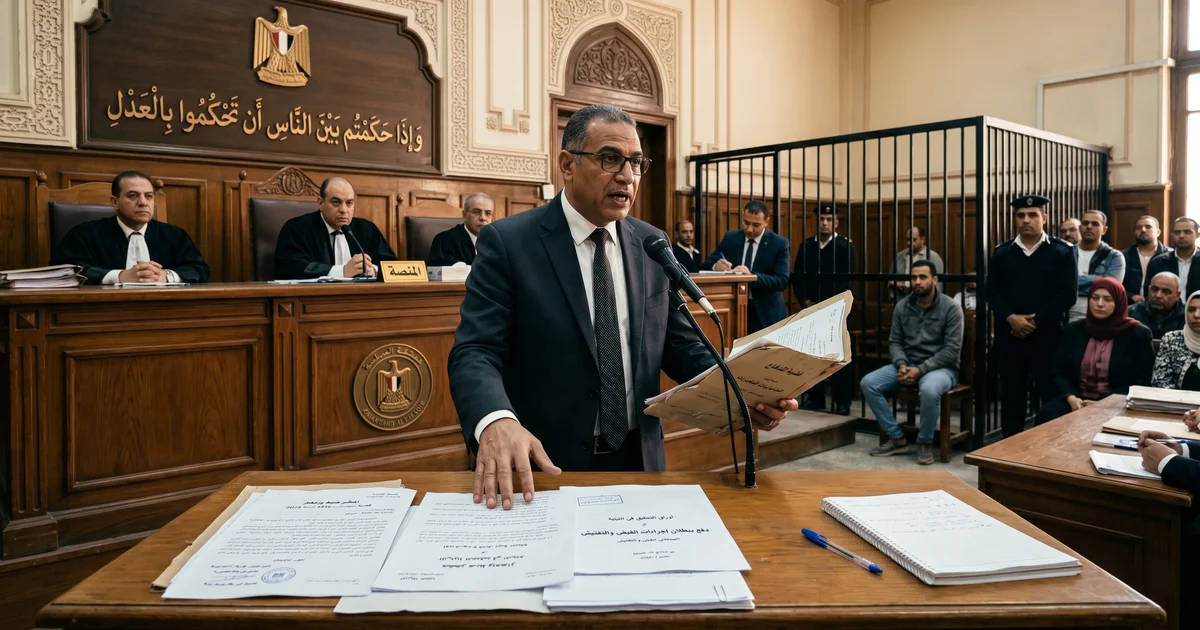 محامٍ مصري يترافع في قضية مخدرات أمام المحكمة مع التركيز على بطلان القبض والتفتيش وأوراق التحقيق الرسمية.