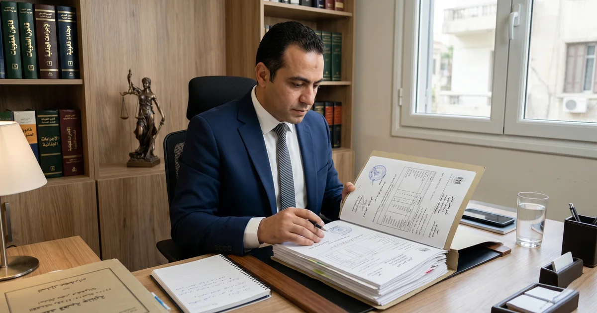 محامٍ مصري يراجع تقرير تحليل المخدرات في القضايا الجنائية داخل مكتب محاماة في القاهرة.