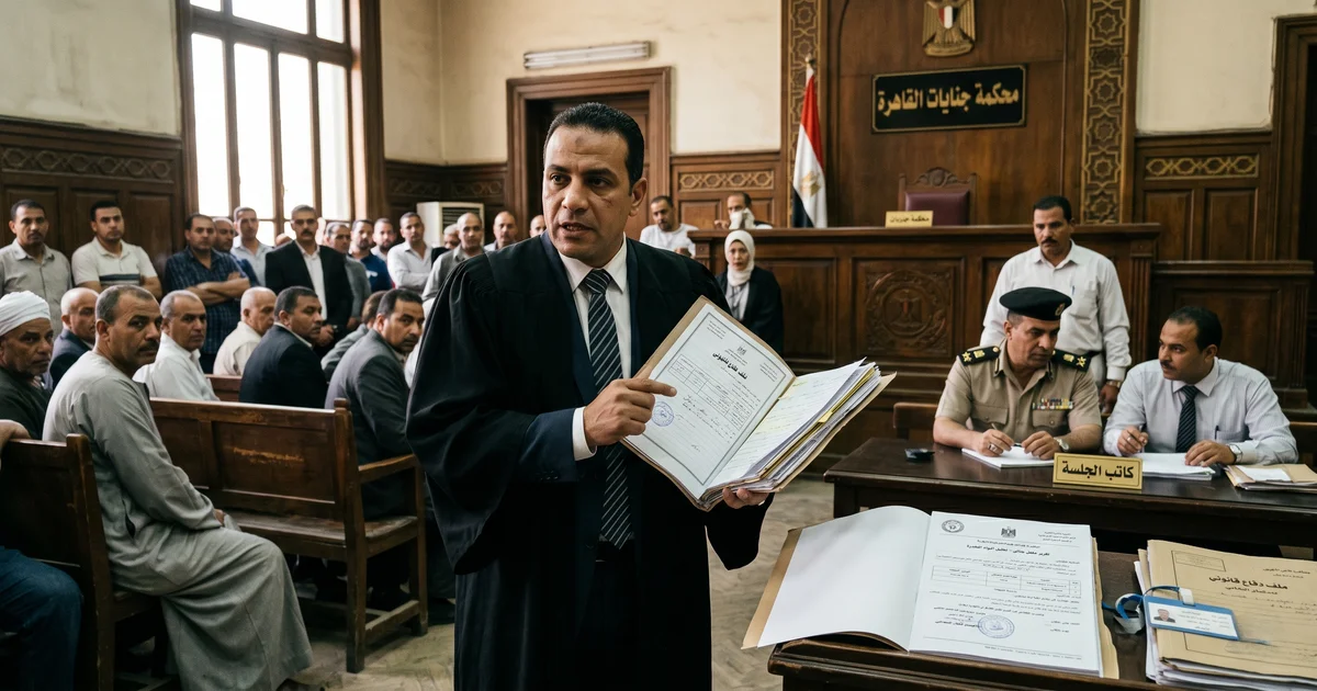 محامٍ جنائي داخل قاعة محكمة مصرية يناقش تحليل المخدرات في القضايا الجنائية وأثره على مسار الدعوى.