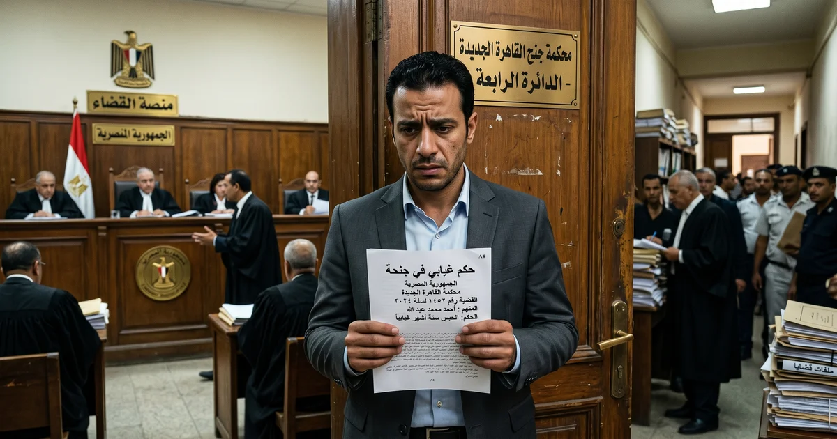 رجل يقف أمام قاعة محكمة مصرية ممسكًا بورقة حكم غيابي في جنحة في مشهد قانوني يعبر عن القلق واتخاذ الإجراءات القانونية.