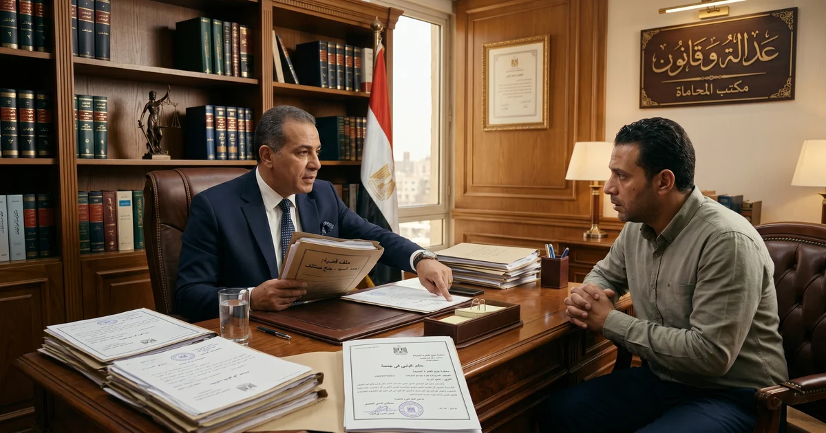 محامٍ مصري يراجع ملف حكم غيابي في جنحة مع موكل داخل مكتب محاماة في مشهد يوضح الحل القانوني الصحيح.