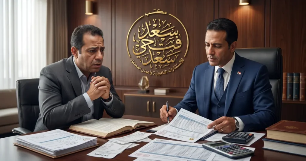 محامٍ مصري يراجع ملفًا ضريبيًا مع صاحب نشاط تجاري داخل مكتب قانوني أثناء مناقشة حل مشكلة ضريبية في مصر.
