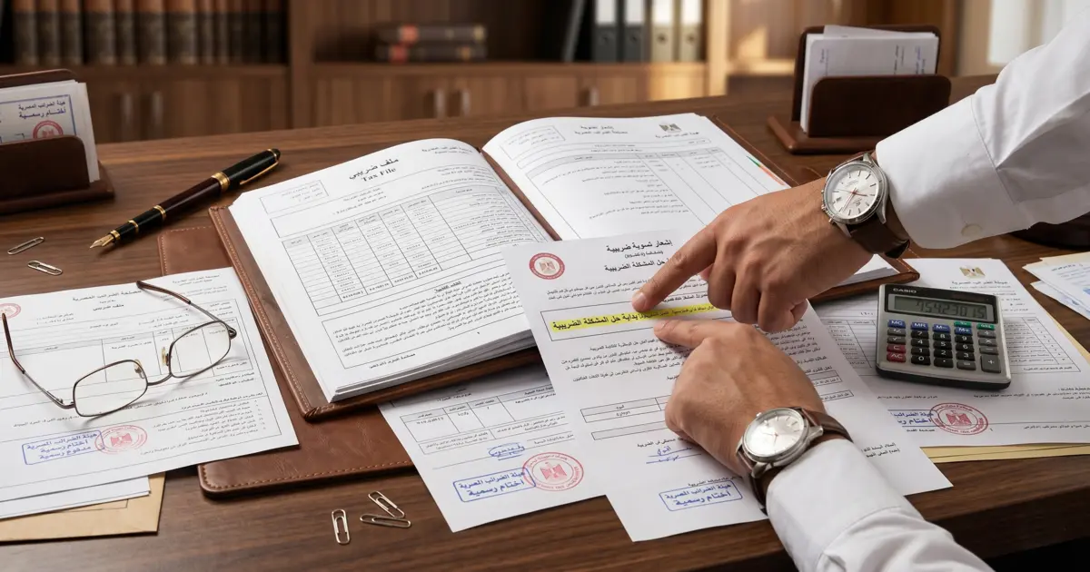 مستندات وفواتير وإخطار ضريبي على مكتب محاماة أثناء مراجعة أوراق تتعلق بـ حل مشكلة ضريبية وتنظيم الملف الضريبي.