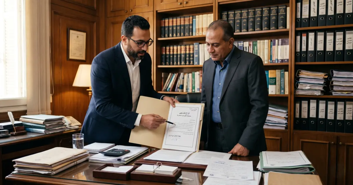 صاحب نشاط تجاري يتلقى استشارة من محامٍ مصري حول حل مشكلة ضريبية واتخاذ الإجراءات القانونية الصحيحة.
