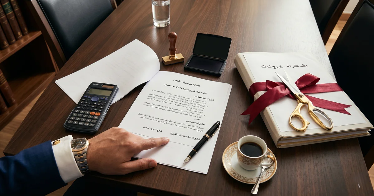مستندات تخارج وخروج شريك من شركة على مكتب قانوني تضم عقد تعديل الشركة وآلة حاسبة وختم رسمي وملف إنهاء الشراكة في مشهد يوضح التسوية القانونية بين الشركاء في مصر.