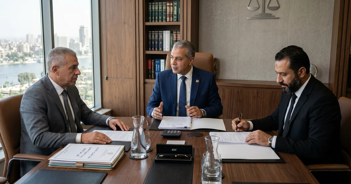 محام مصري يجتمع مع شريكين داخل مكتب قانوني لشرح إجراءات خروج شريك من شركة وتعديل بيانات الشركة وتسوية الحقوق بشكل قانوني صحيح في مصر.