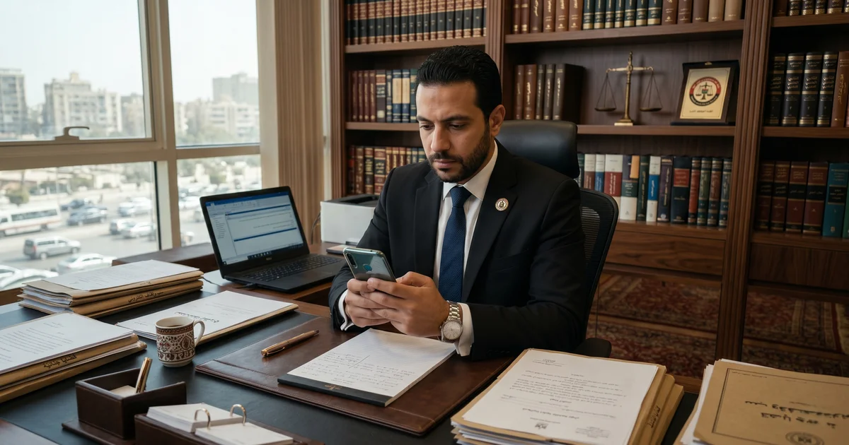 محامٍ مصري يراجع رسائل واتساب في واقعة سب وقذف إلكتروني داخل مكتب محاماة في إطار قانوني احترافي.