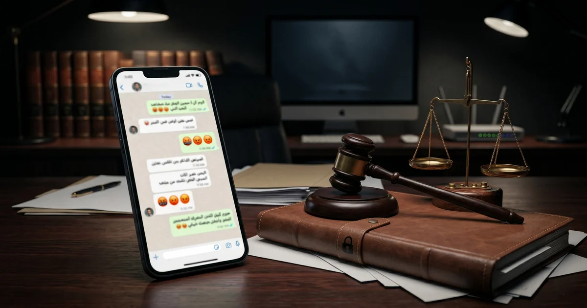 هاتف ذكي يعرض محادثة واتساب مسيئة بجوار ميزان العدالة في تعبير بصري عن جريمة سب وقذف واتساب في القانون المصري.