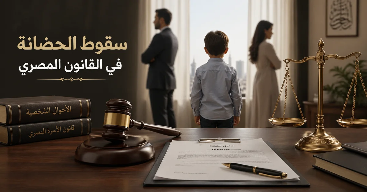 سقوط الحضانة في القانون المصري مع طفل بين والديه ورموز العدالة ومحكمة الأسرة.