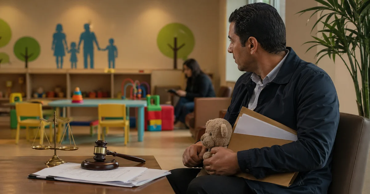 أب ينتظر في مكان الرؤية حاملًا ملف القضية ولعبة لطفله بعد امتناع الحاضنة عن تنفيذ حكم الرؤية.