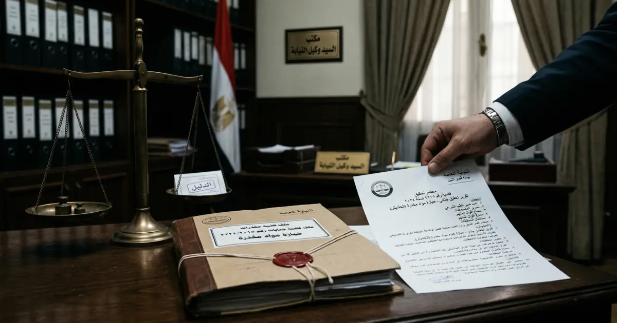 صورة توضيحية لإجراءات قضية حيازة مخدرات في مصر مع مستندات قانونية وملف تحقيق في إطار قانوني رسمي.