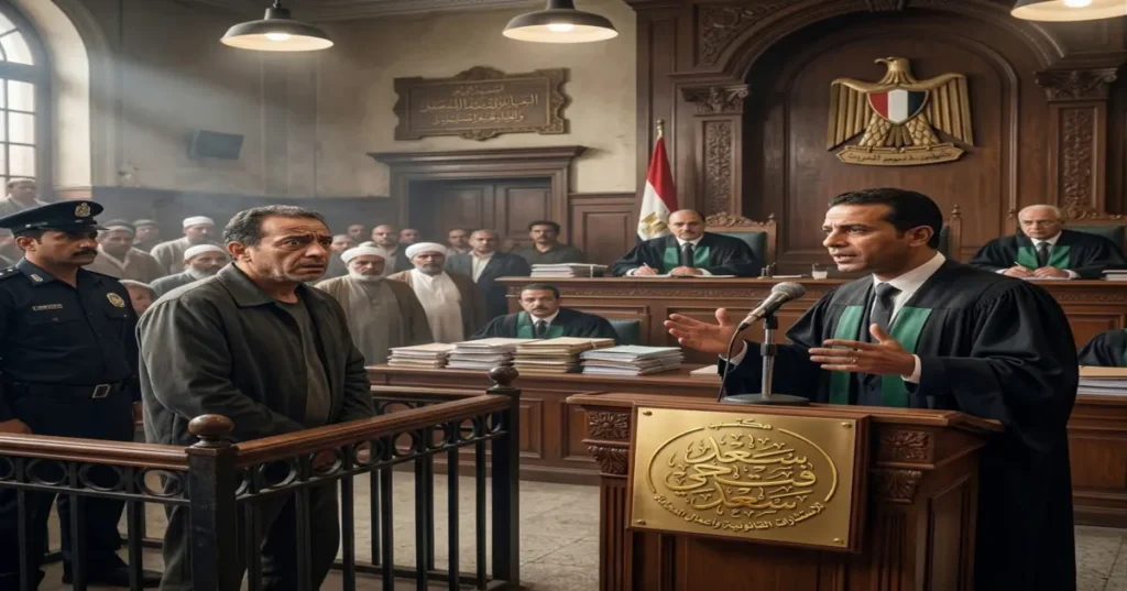 محامٍ مصري يترافع في قاعة محكمة في قضية تتعلق بموضوع عقوبة السرقة في مصر وسط أجواء قانونية رسمية.