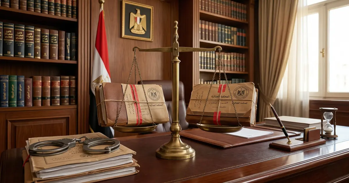 ميزان عدالة وملفات قضايا جنائية وأصفاد فوق مكتب محاماة في مشهد يعبر عن عقوبة السرقة في مصر والإجراءات القانونية.