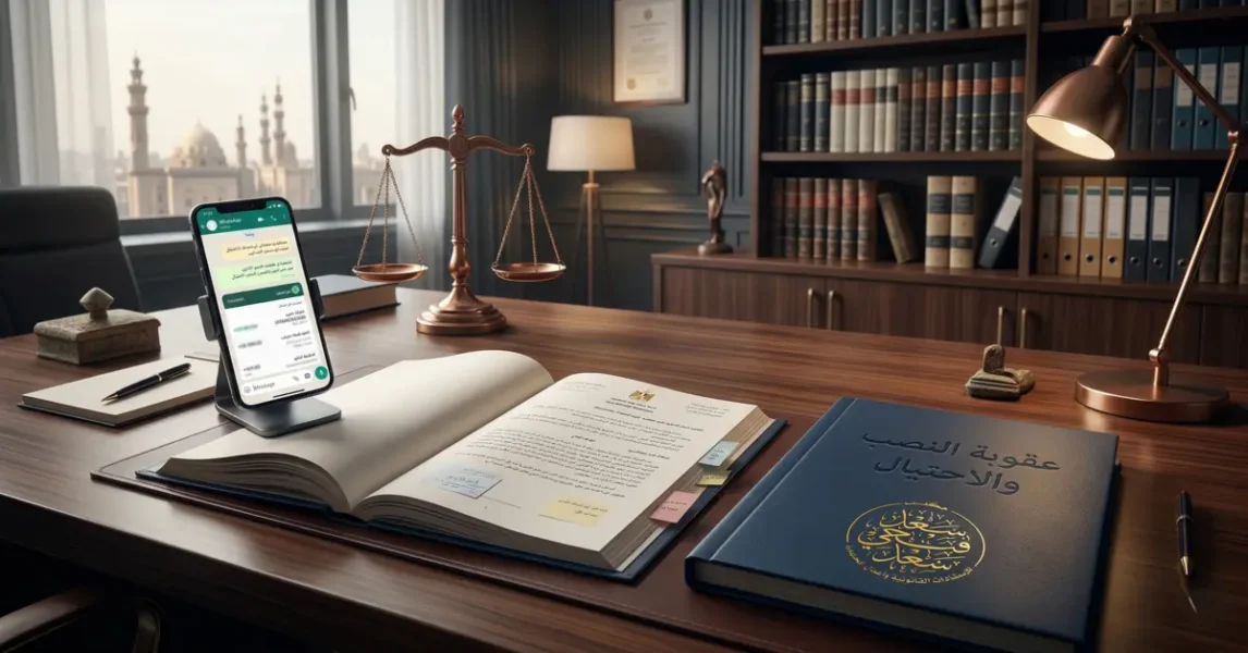 صورة قانونية تعبر عن عقوبة النصب والاحتيال في مصر من خلال ملف قضية وهاتف يعرض دلائل احتيال داخل مكتب محاماة.