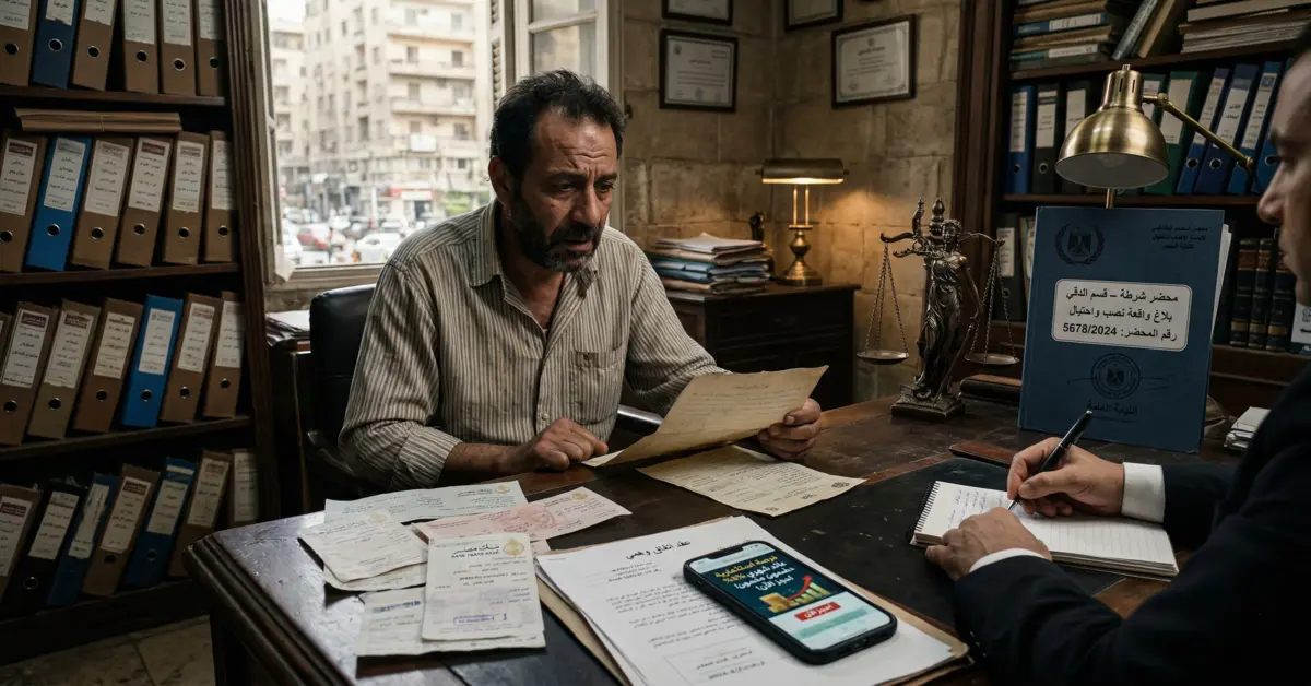 شخص يجلس أمام محامٍ داخل مكتب قانوني مصري بعد تعرضه لواقعة نصب واحتيال مع ظهور مستندات وتحويلات مالية.