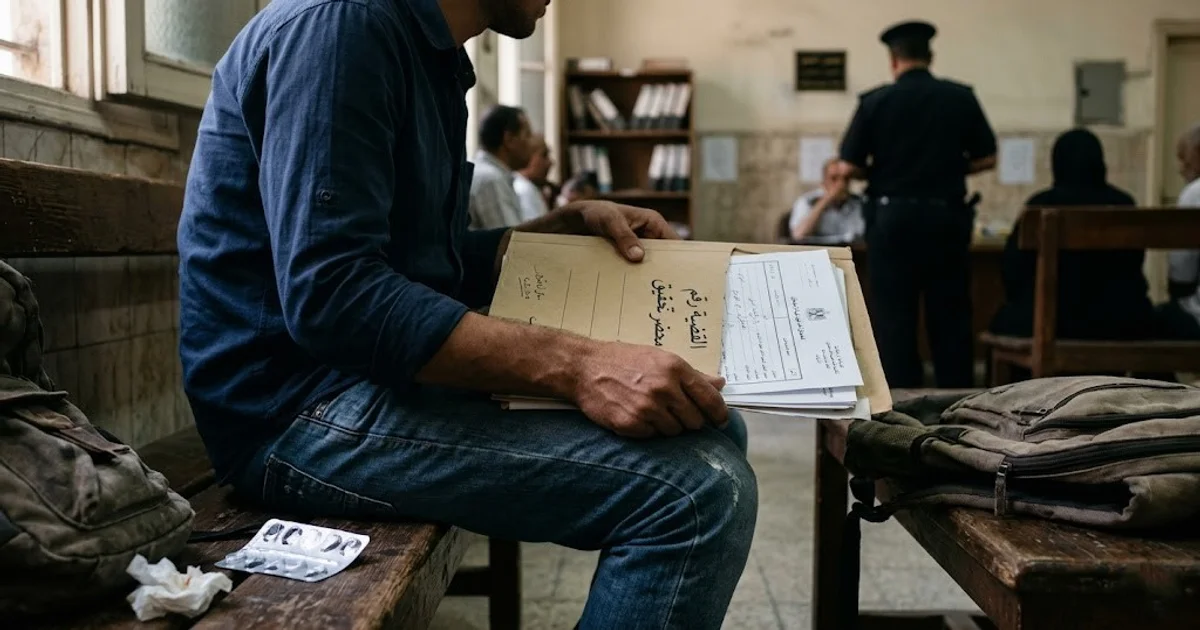 شخص يجلس أمام أوراق تحقيق في مشهد يعبر عن القلق المرتبط بـ قضية مخدرات اول مرة