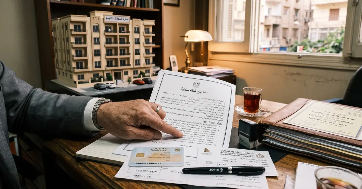فحص أوراق شراء شقة في مصر وتشمل عقد البيع وإيصالات السداد ومستندات الملكية قبل إتمام التعاقد.