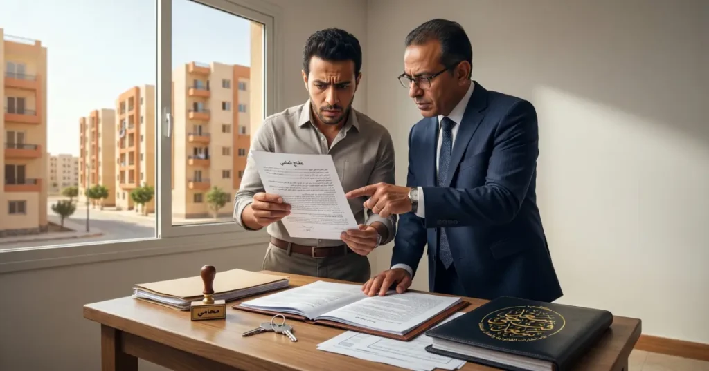 رجل يراجع مشاكل شراء شقة في مصر مع محامٍ داخل شقة سكنية لبحث المشكلات القانونية قبل التوقيع.