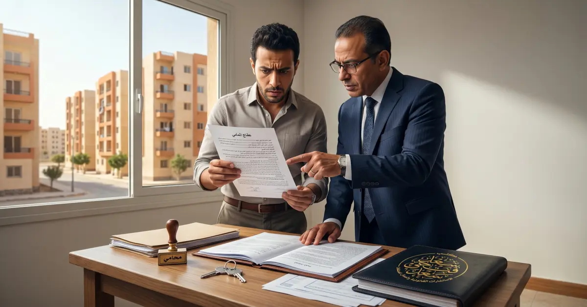 رجل يراجع مشاكل شراء شقة في مصر مع محامٍ داخل شقة سكنية لبحث المشكلات القانونية قبل التوقيع.