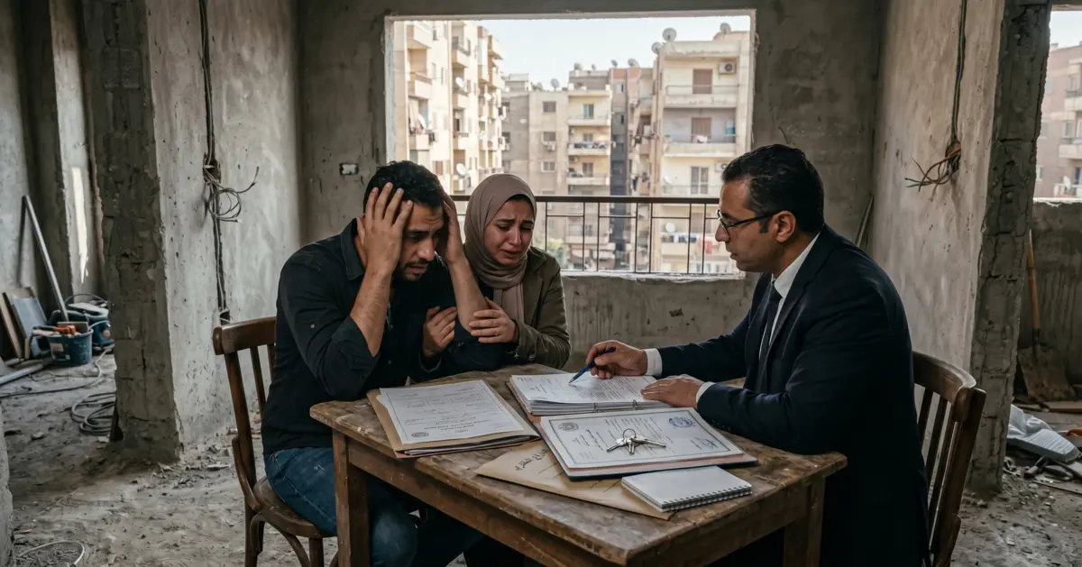زوجان يناقشان مع محامٍ مشكلة قانونية بعد شراء شقة في مصر بسبب نزاع على العقد أو التسجيل.