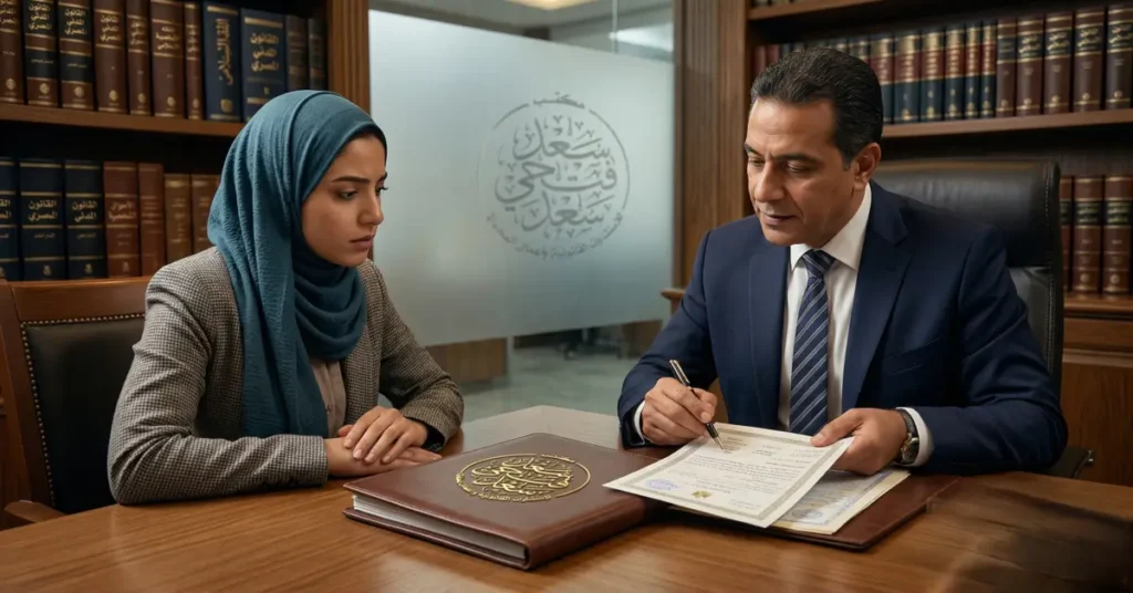 زوجة مصرية تجلس داخل مكتب محاماة وتناقش تفاصيل نفقة الزوجة في القانون المصري مع محامٍ مختص في قضايا الأحوال الشخصية.