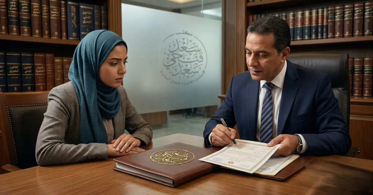 زوجة مصرية تجلس داخل مكتب محاماة وتناقش تفاصيل نفقة الزوجة في القانون المصري مع محامٍ مختص في قضايا الأحوال الشخصية.