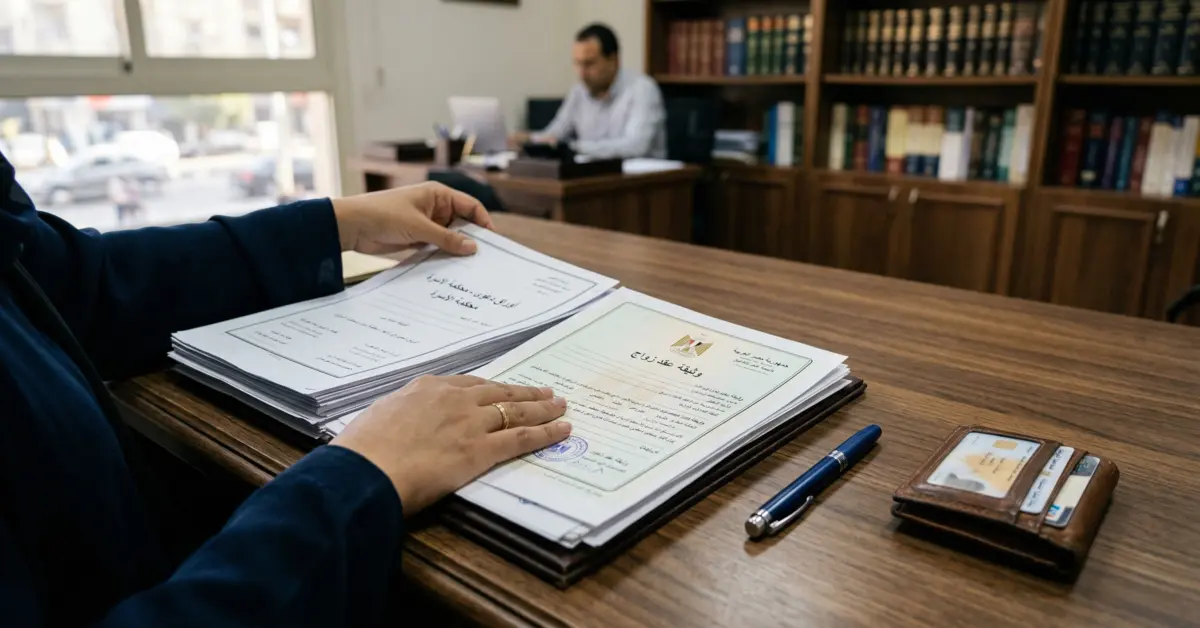 ترتيب أوراق قانونية ووثيقة زواج على مكتب محاماة استعدادًا لاتخاذ إجراء قانوني متعلق بـ نفقة الزوجة في القانون المصري.