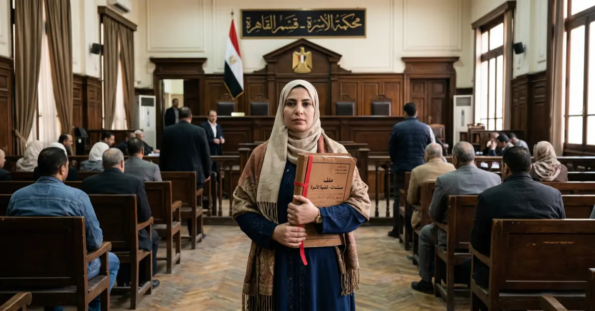 سيدة مصرية تحمل مستندات دعوى داخل محكمة الأسرة في إطار المطالبة بـ نفقة الزوجة في القانون المصري.