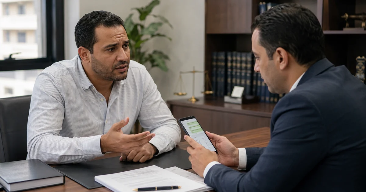 محامٍ مصري يراجع رسائل وتحويلات مالية على هاتف موكل داخل مكتب قانوني لبحث إثبات الدين بدون عقد مكتوب.