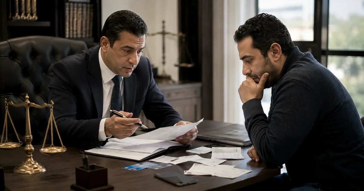محامٍ يناقش موكله داخل مكتب قانوني ويراجع مستندات وإيصالات تثبت مطالبة مالية بدون وجود عقد مكتوب.