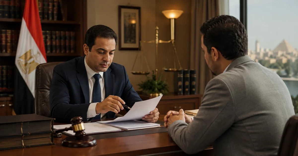 محامي مصري يشرح لعميل مستندات حكم مدني داخل مكتب محاماة ضمن إجراءات طلب إيقاف تنفيذ حكم مدني قبل الحجز أو التنفيذ.
