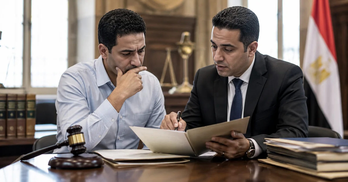 استشارة قانونية بين محامي وعميل حول إيقاف تنفيذ حكم مدني ومراجعة أوراق التنفيذ والإشكال في التنفيذ داخل مكتب قانوني.